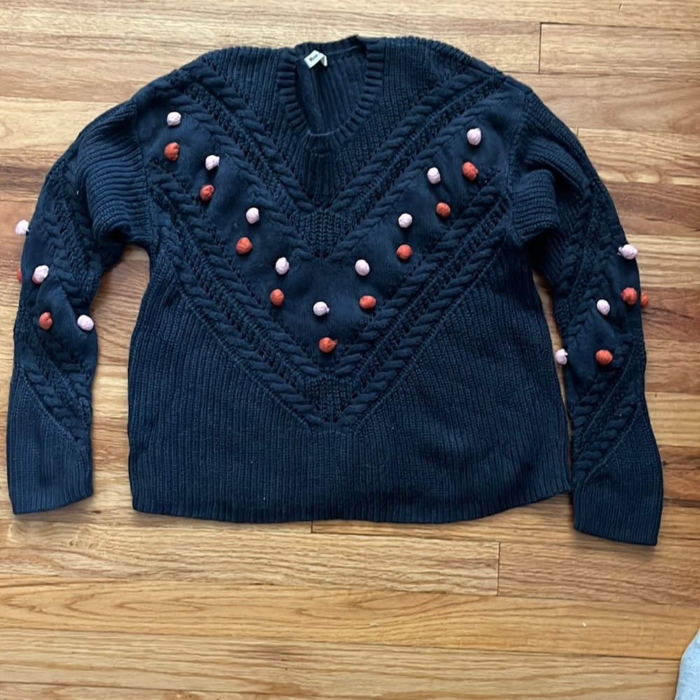 Marine Layer Navy Knit Crewneck Sweater with Pink & Rust Pom Details - Picture 2 of 6